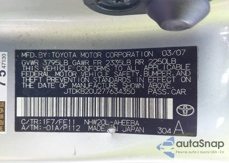 2007 Toyota Prius z USA, uszkodzony, nr VIN JTDKB20U277634350